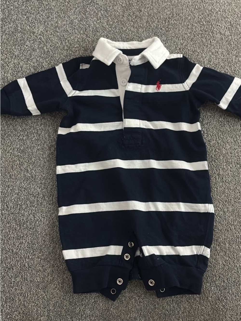 Ralph Lauren Navy and White Striped Polo Footie with Red Logo